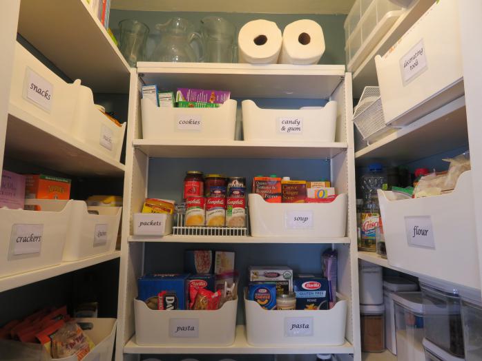 Organized Pantry Top Shelves with White Bins