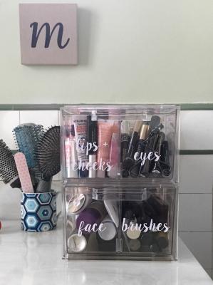 Organized Makeup in Clear Drawers on Bathroom Vanity with Labels for Lips and Cheeks, Eyes, Face, and Brushes