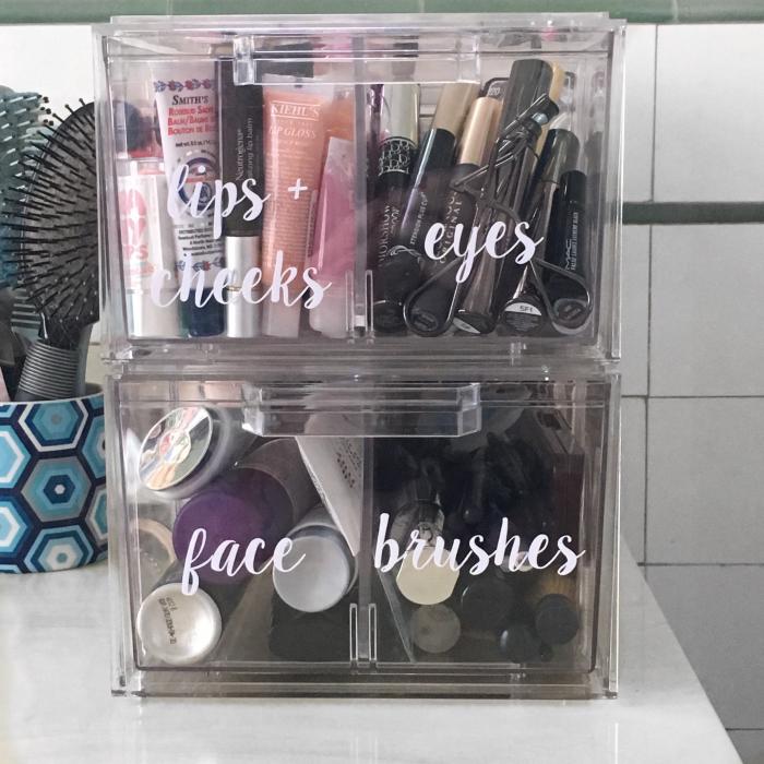 Clear Drawers for Organized Makeup with Labels for Lips and Cheeks, Eyes, Face, and Brushes