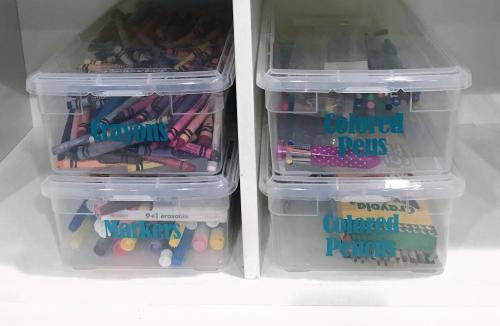 Labeled Art Supplies in Clear Bins